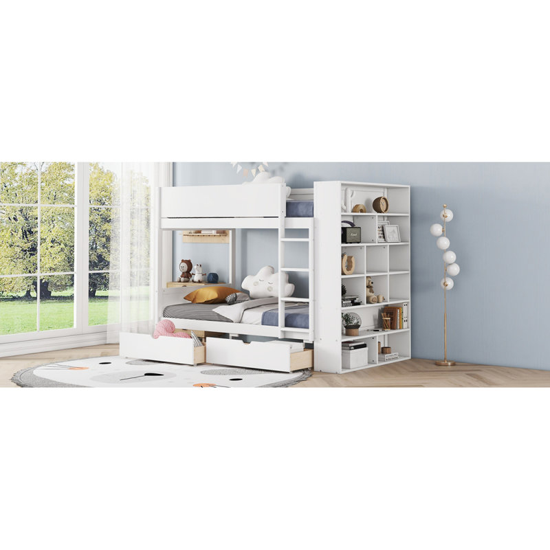 Lit superposé au dessus avec 2 tiroirs et armoire multicouche, Blanc
