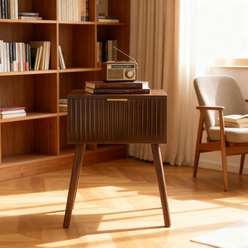 Table de chevet cannelée avec tiroir, table de bout moderne Mid-Century pour chambre à coucher et salon, table d'appoint peu encombrante avec tablette ouverte