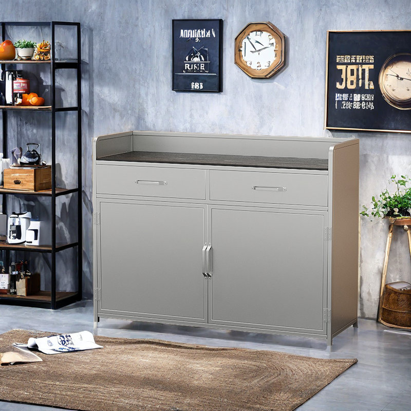 Buffet industriel moderne avec plateau en bois, Argent