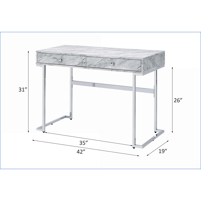 Bureau, bureau moderne en faux marbre blanc avec finition chromée & amp; 2 tiroirs de rangement | Blanc | Faux marbre