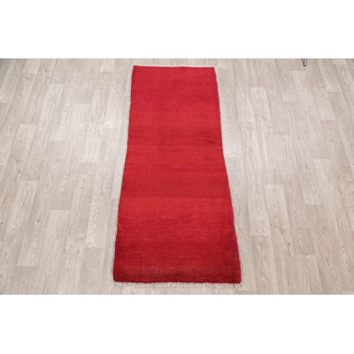 Tapis en laine rouge 2 pi 6 po x 6 pi 4 po one-of-kind à la main noué la new age