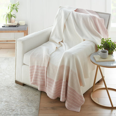Crafted by Catherine Heathered Border Cozy Knit Throw Blanket 60" x 70" Inches, Soft Comfy Decorative Throw for Couch Bed Sofa Travel, Stripe Cream and Blush