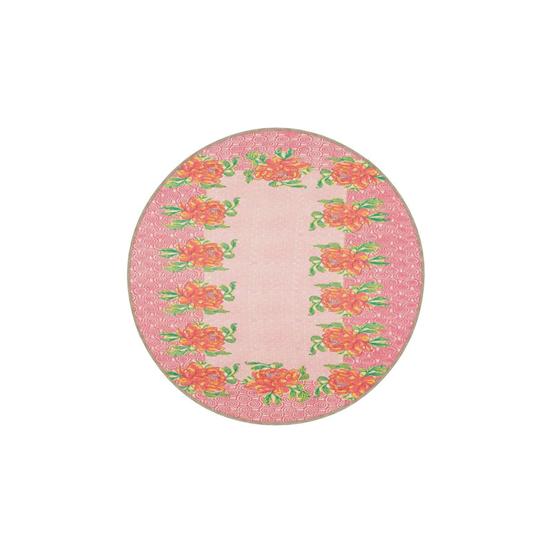 Tapis tissé à motif floral moderne rose, Sous-tapis rond 3 pi 3 po inclus