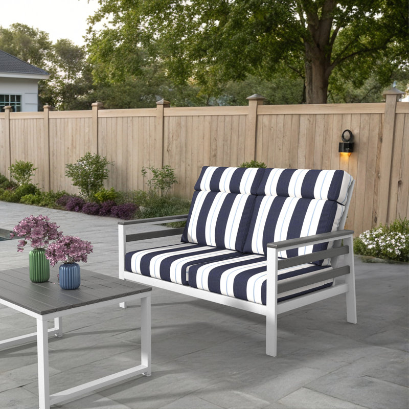 Townsend Metal Outdoor Loveseat With Sunbrella Cushion, Striped, Black/White