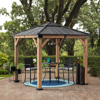 Sunjoy 2.7m x 2.7m Outdoor Cedar Wooden Gazebo - Anthracite Steel Frame, Powder Coated, Perfect for Garden Retreat