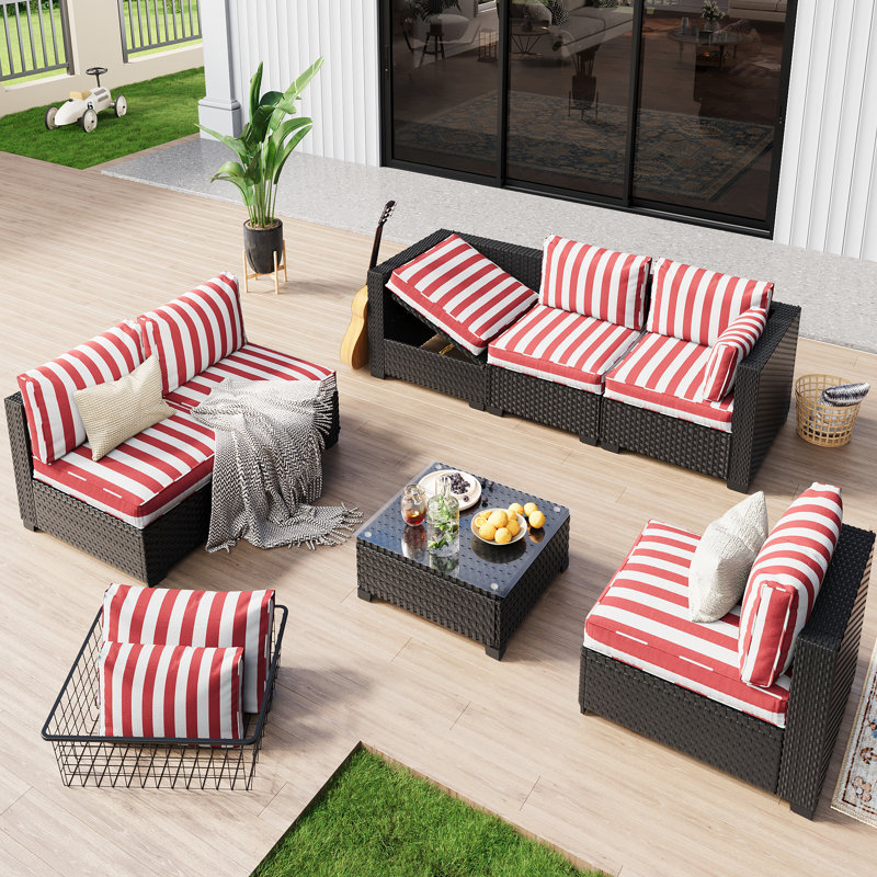  𝗣𝗿𝗲-𝗮𝘀𝘀𝗲𝗺𝗯𝗹𝗲𝗱 𝗖𝗵𝗮𝗶𝗿𝘀, Ensemble de meubles de patio pour 6 personnes Ensemble de conversation modulaire en rotin avec canapé