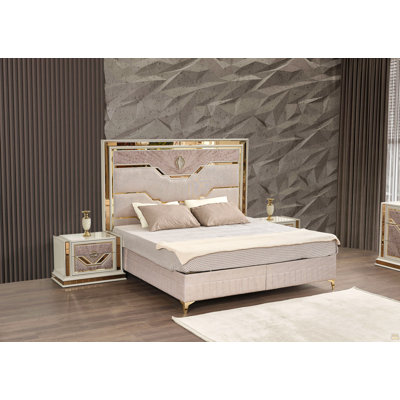 Queen Upholstered Bed Made With Wood And Gold Accents