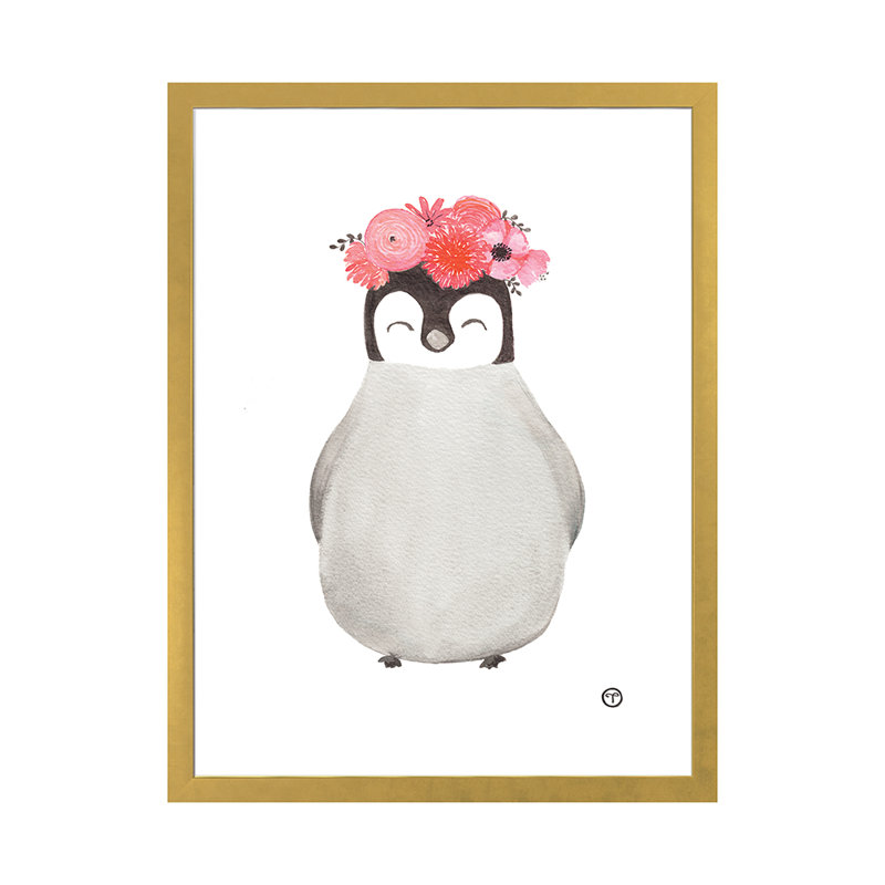 Art pingouin, H 32 po x l 24 po x P 1 po, Papier encadré doré