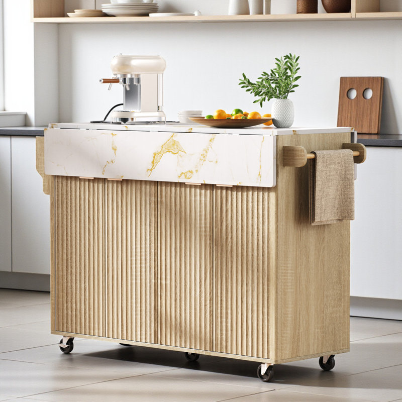 55.5" Wide Kitchen Island With Drop Leaf, 35.8" H x 55.5" W x 32.7" D, Natural/Faux Marble