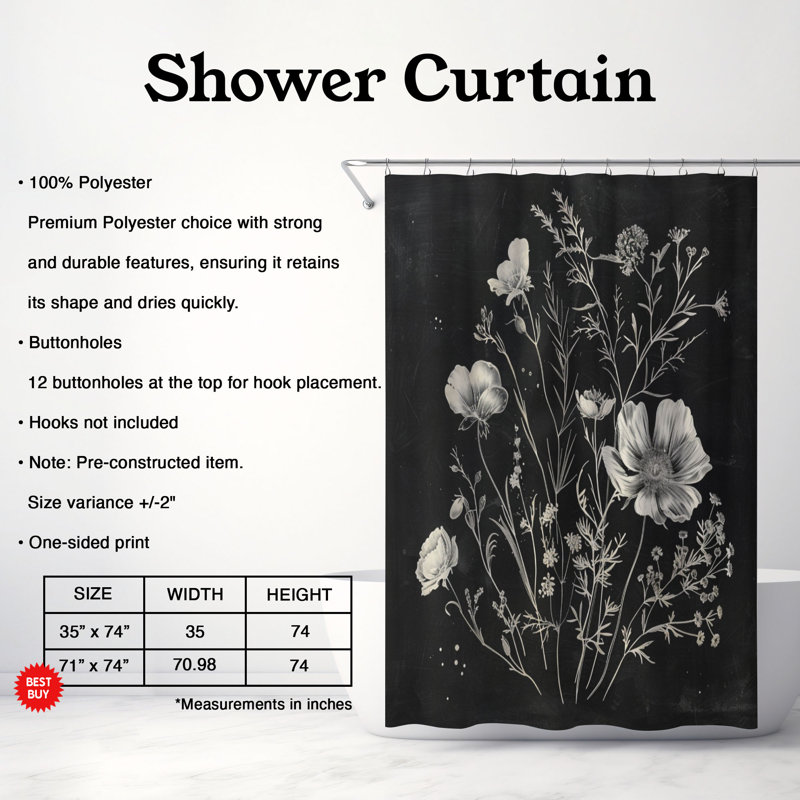 Rideau de douche standard 1 pièce Black White Flower Designs, H 74 po x l 71 po