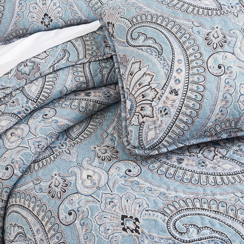 SouthShore Fine Linens Pure Melody Oversized Quilt Set, Embroidered Paisley Double-Brushed Microfiber, Aqua, Full / Queen, 2 Standard Pillow Shams