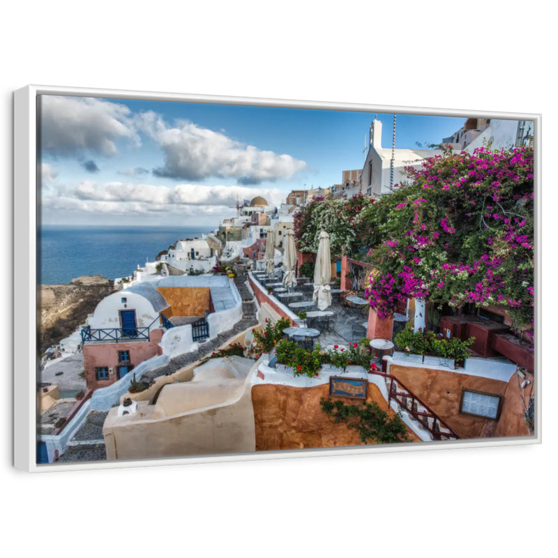 Bougainvilliers et cafés à Oia Santorini, Cadre flottant blanc, 31 po x 21 po