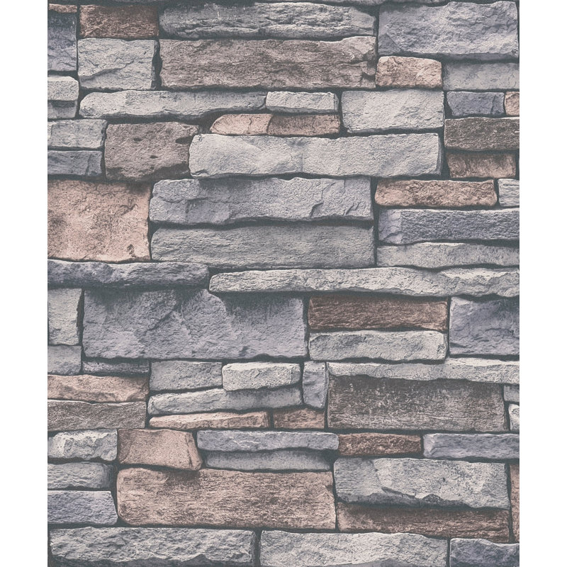 Rouleau de papier peint à motif de grès noir Bricks and More Collection, Beige / crème / gris