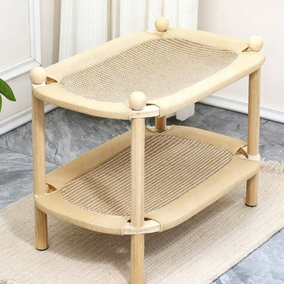 Lit pour chat en bois massif à 2 niveaux avec tapis de refroidissement tissé, lit hamac pour chat surélevé à deux niveaux, salon pour chat en sisal résistant aux égratignures pour petits chats d'intérieur toutes saisons