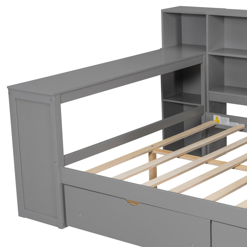 Marquece Full Size Platform Bed With Integrated LED Lighting, Charging Station, Desk, And Upholstered Headboard, Gray