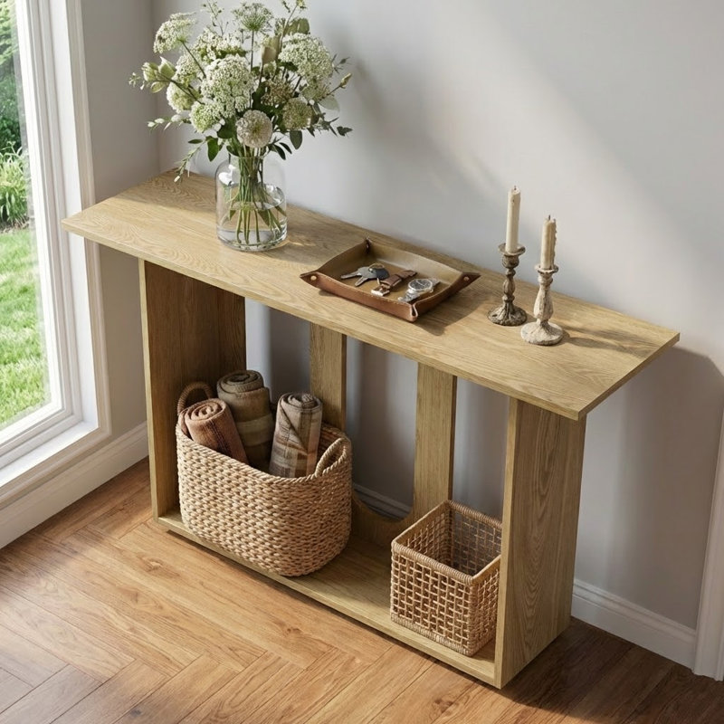 Console de conception moderne avec plateau rectangulaire, base sculpturale incurvée et tablette ouverte pour le vestibule, le couloir et les espaces de vie