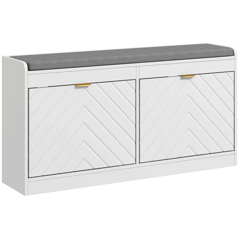 Banc d'entrée pour chaussures avec 2 tiroirs rabattables, un coussin de siège et des évents pour 8 paires de chaussures, parfait pour les couloirs