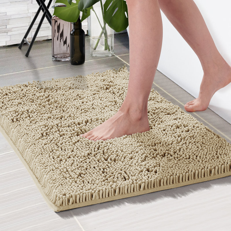 Chenille Bath Mat - Luxurious Soft Microfiber Absorbent Bathroom Rug, Non-Slip, Quick Dry (Set of 4), Khaki, 44" L x 24" W