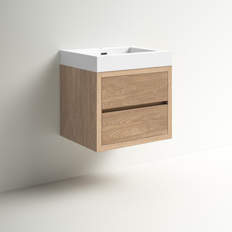 Ensemble de meuble-lavabo mural simple 24 po Beira, Blanc, Finition chêne nord-américain