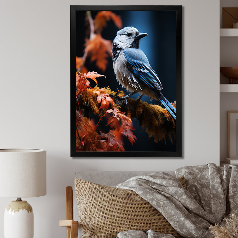 Oiseaux bleus et rouges dans les bois II - animaux, impressions sur toile, H 40 po x l 30 po x P 1,5 po, Cadre photo noir