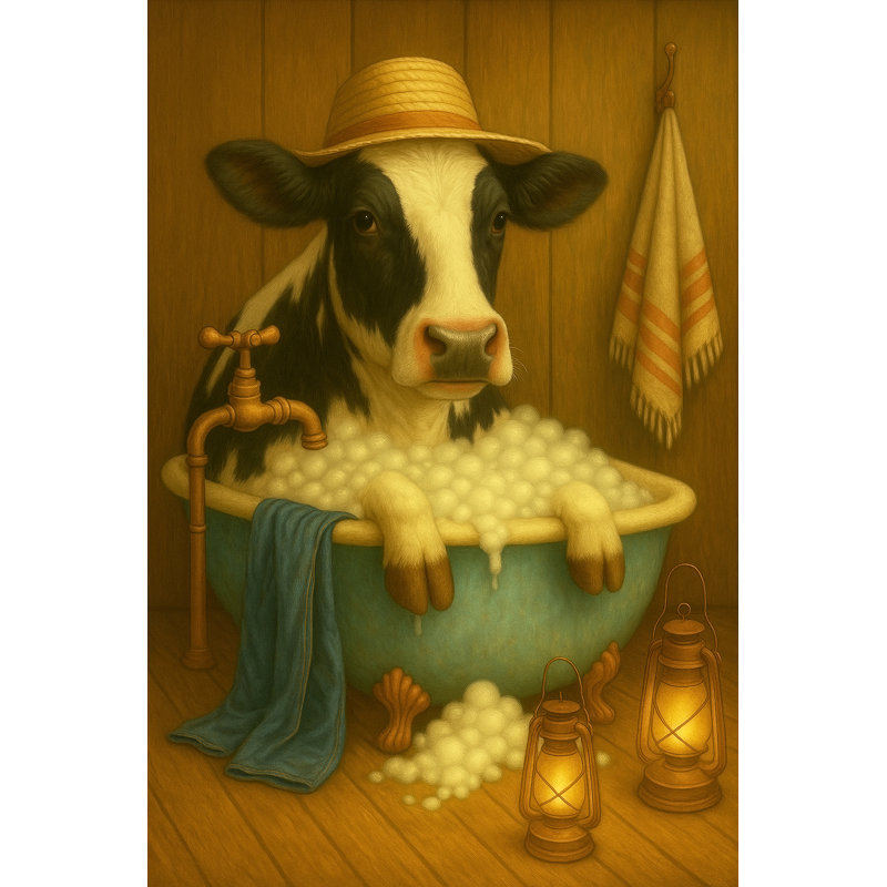 Vache nord-américaine rétro prenant un bain moussant par Linda