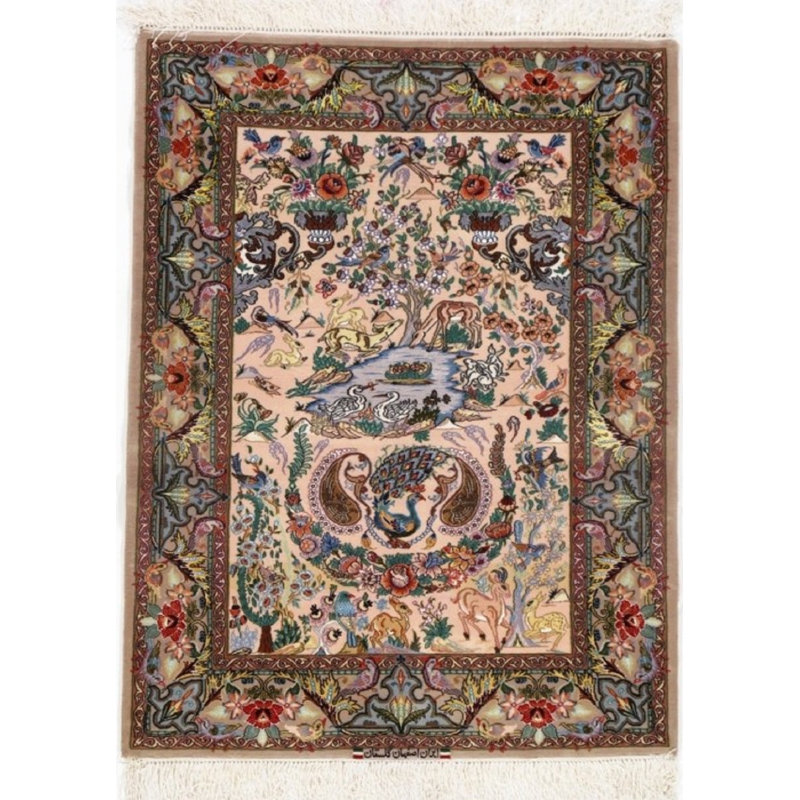 Tapis unique noué à la main calico / bleu clair / vert / brun de 3 pi 6 po x 4 pi 7 po
