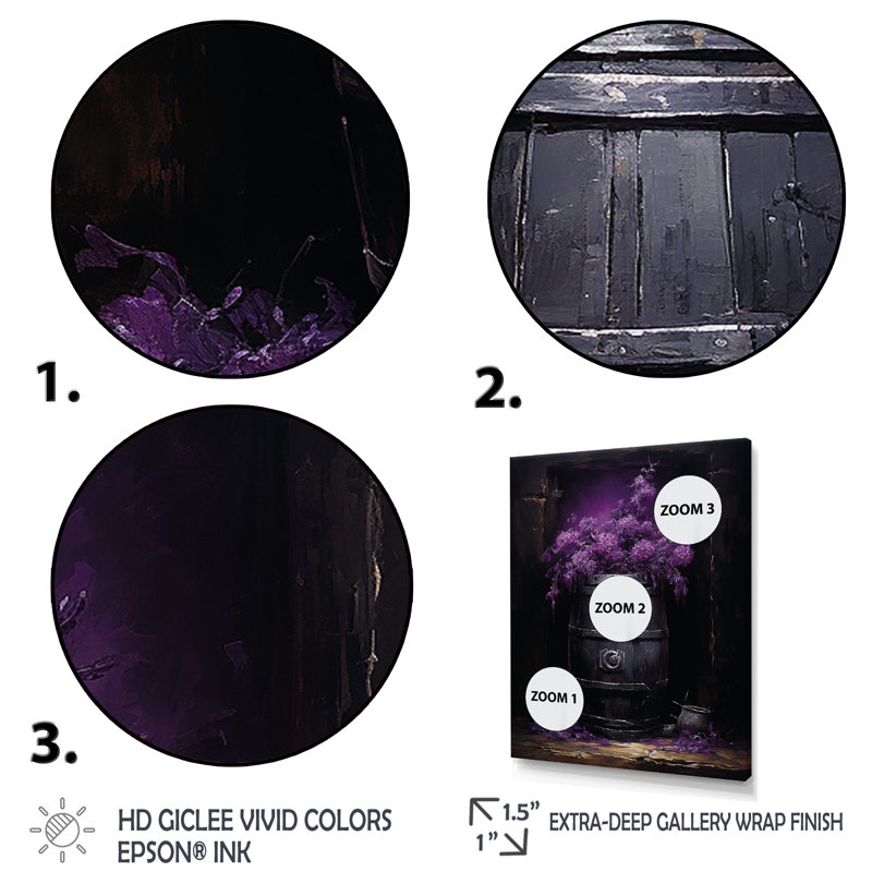 Fleurs mauves en bois tonneau de vin - art mural vin, Cadre flottant doré, H 40 po x l 30 po x P 1,5 po