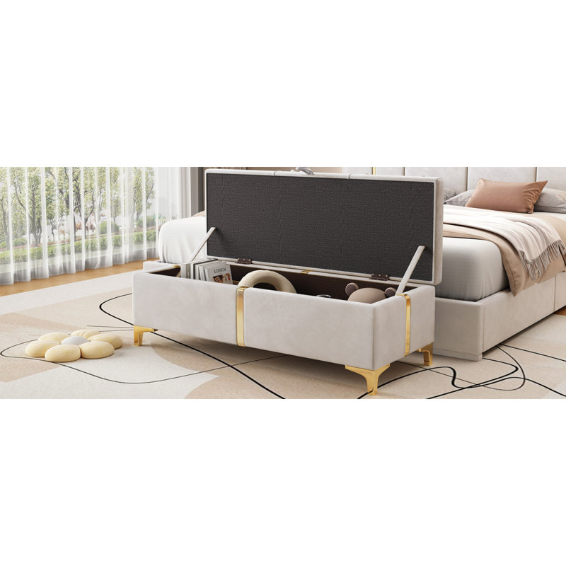 Élégant repose-pieds de rangement rembourré, banc de rangement avec pieds en métal pour la chambre à coucher, salon, entièrement assemblé sauf les pieds