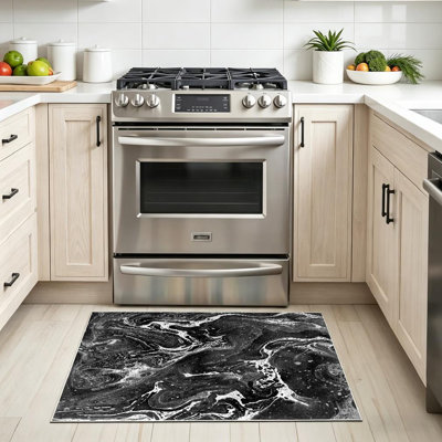 White Beautiful Marble Decorative Abstract Invitations Creative Black Machine Washable Indoor Area Rug