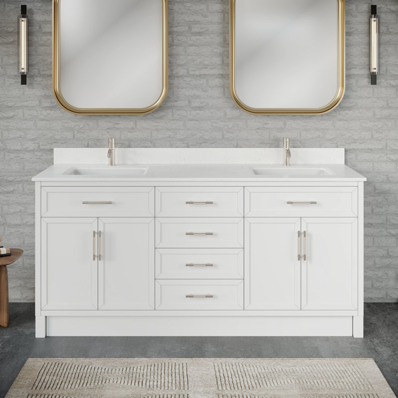 Ensemble de meuble-lavabo double en bois massif l 72 po x P 22 po Blakely II avec rangement furtif et plateau en pierre, 72"