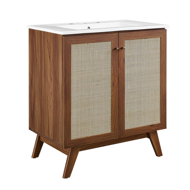 Modway Soma 30'' Free Standing Single Bathroom Vanity with Manufactured Wood Top, Walnut, White