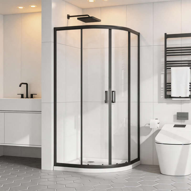 Cabine de douche d'angle 36 "x 72", double porte coulissante en verre trempé de 6 mm avec cadre en métal noir mat