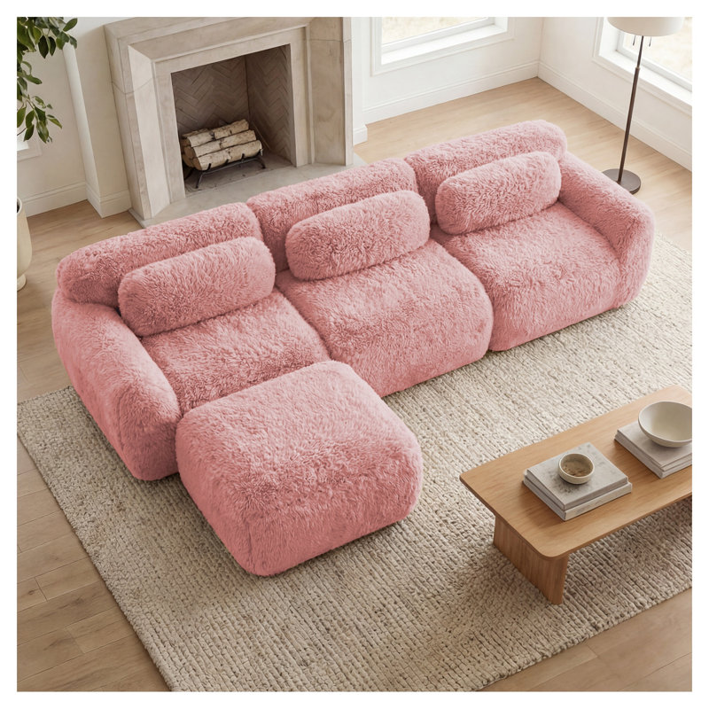 Canapé modulaire en forme de L rose avec repose-pieds mobile et coussins décoratifs, aucun assemblage requis