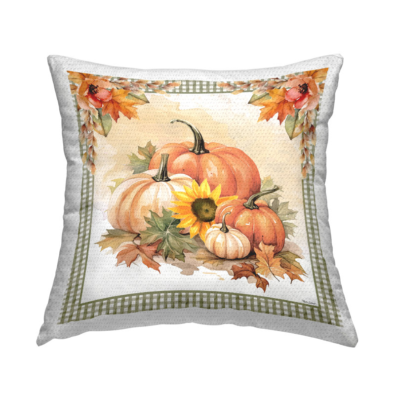 Coussin d'extérieur imprimé bordure d'automne avec citrouilles et fleurs par Nicole DeCamp
