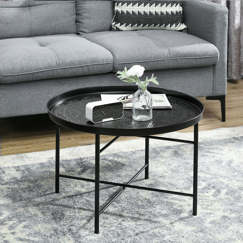 HOMCOM 24" Round Coffee Table With Hammered Tray Top