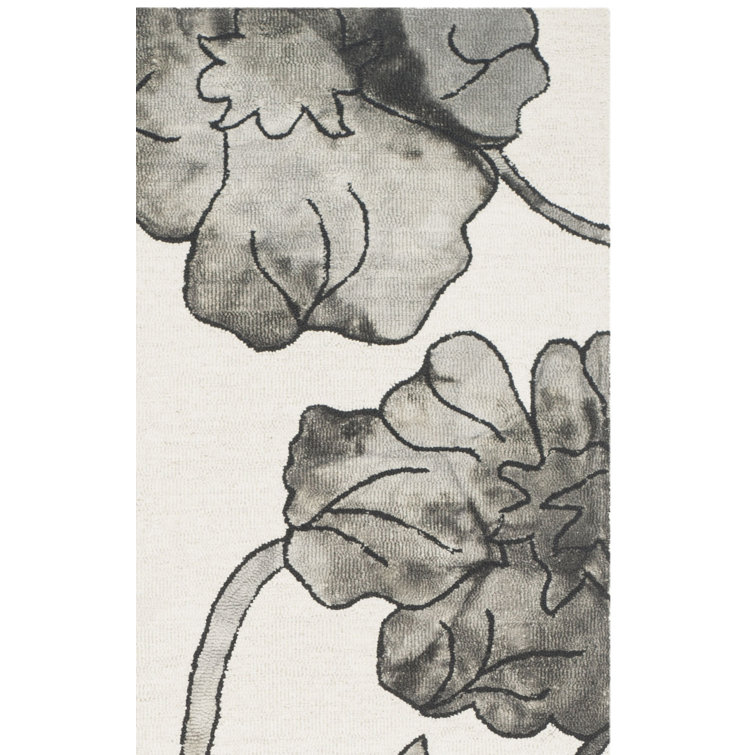 Tapis floral en laine et en coton touffeté à la main de couleur ivoire / gris clair Coleman
