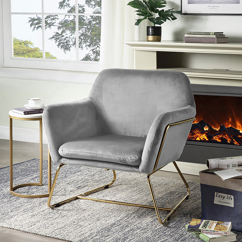 Fauteuil d'appoint l 29,5 po en velours gris avec base en métal, Gris