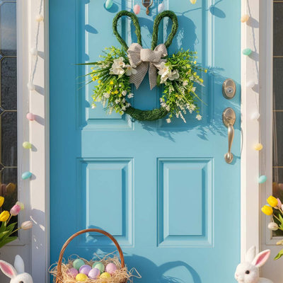 Couronne de lapin de Pâques - Couronne en forme de tête de lapin de 14,5 po avec verdure artificielle et nœud. Décoration de porte mignonne printanière. Décorations de Pâques parfaites pour un mur de ferme, une fenêtre et une maison de vacances