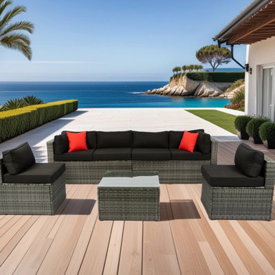Mobilier d'extérieur Pe - 5 pièces, gris, coussin noir, hydrofuge, pièces d'assemblage faciles: avec housses et coussins