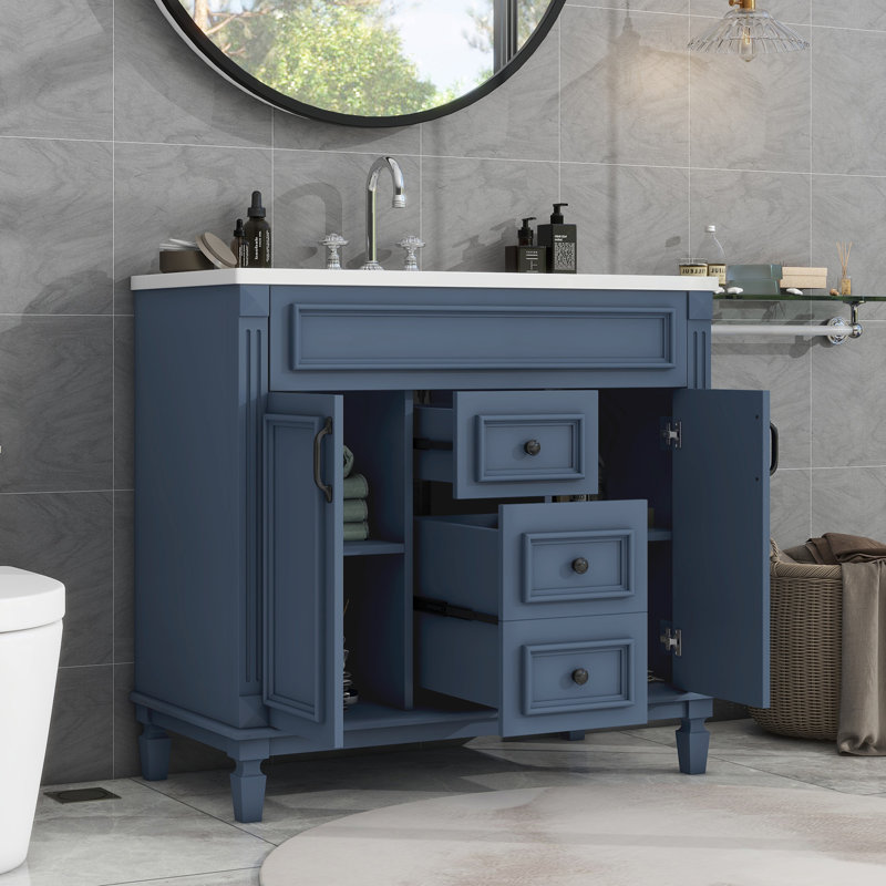 Meuble-lavabo simple Albreda 35,9 po avec dessus en céramique, Bleu