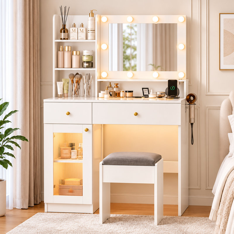 Meuble-lavabo 40 po avec miroir lumineux à DEL et station de charge, bureau de meuble-lavabo avec tiroirs et tablettes