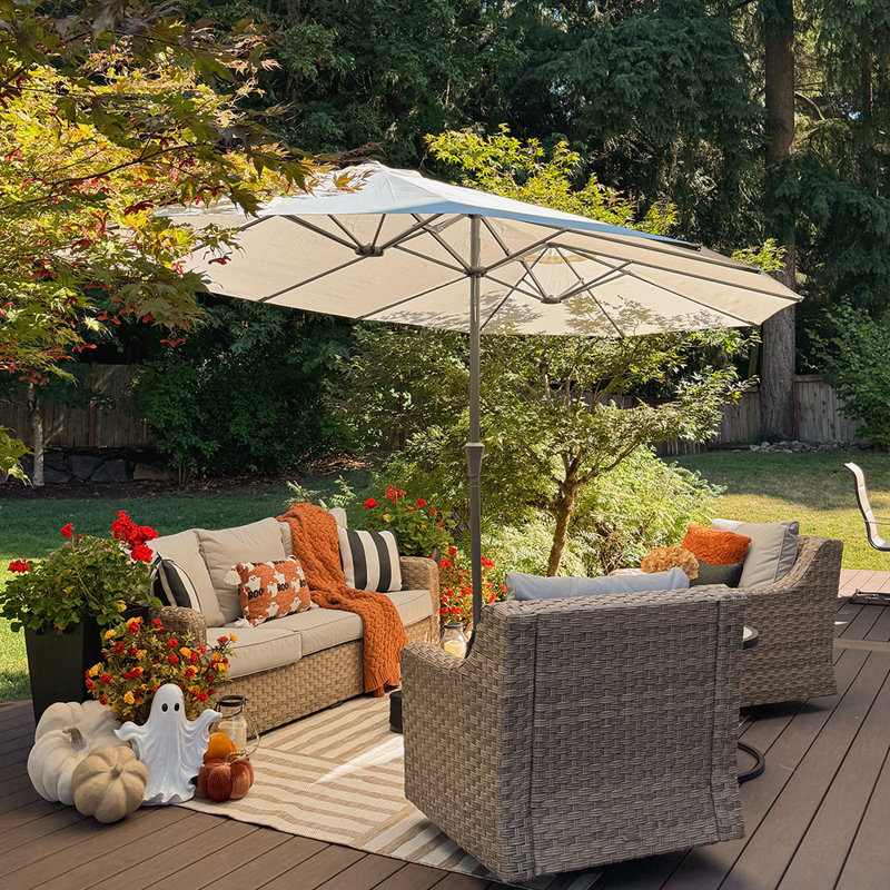 Parasol 14 pi avec marché de patio blanc et base rectangulaire double face avec parasol et manivelle 12 nervures robustes robustes pour piscine