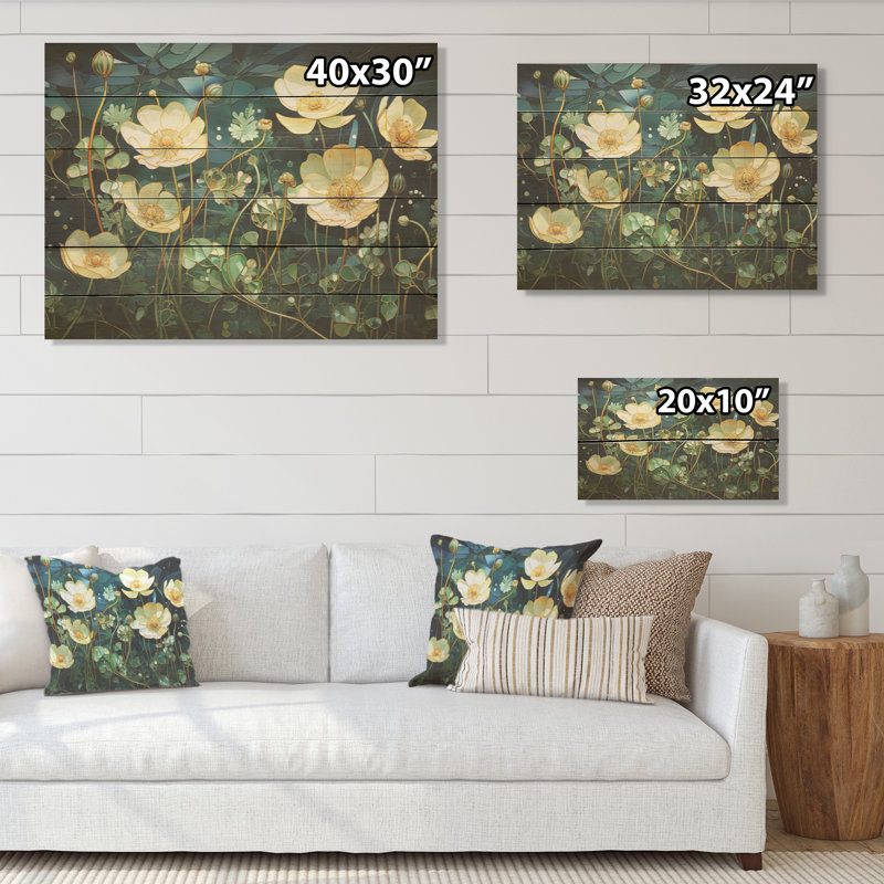 «Buttercups» méticuleusement détaillé, art mural sur bois de pin naturel, H 30 po x l 40 po