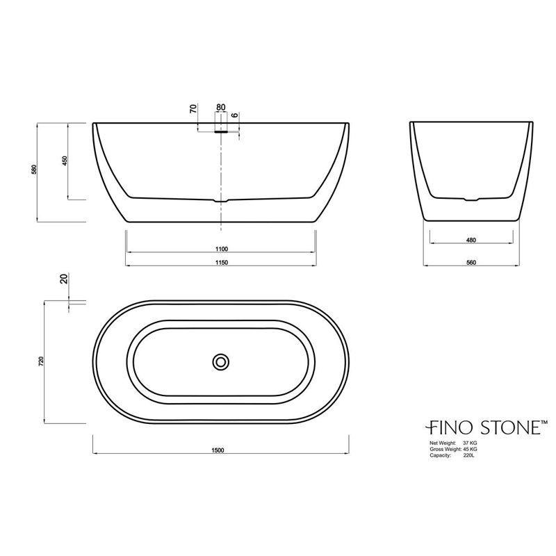 1500mm x 580mm Freestanding Acrylic Bathtub