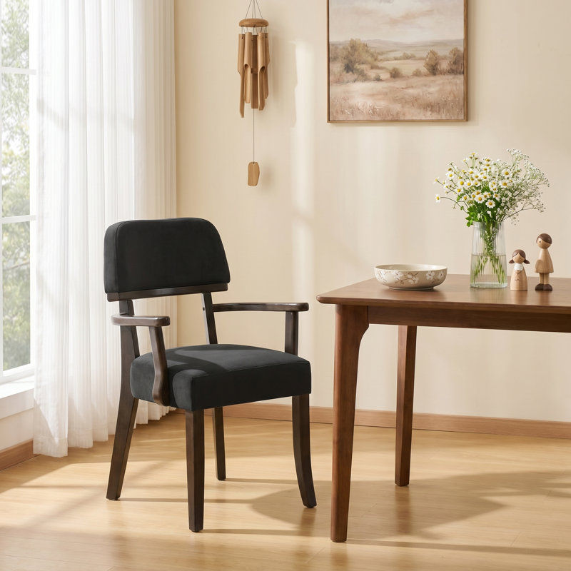 Modern Upholstered Solid Wood Dining Chair With Arms, Black Velvet