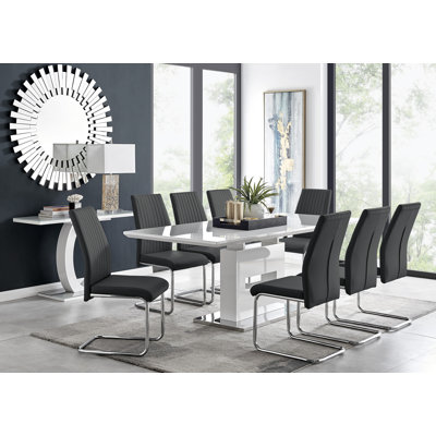 Ensemble de table de salle à manger extensible haute brillance Areza avec 8 chaises de salle à manger en similicuir de luxe