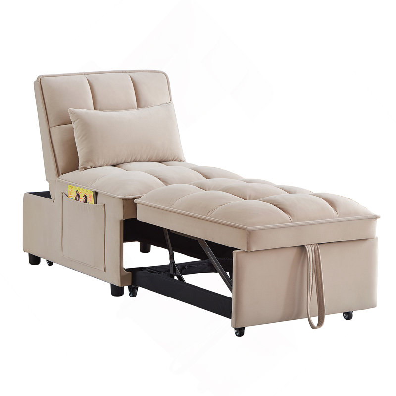 Canapé-lit simple capitonné avec dossier réglable et coussins, méridienne convertible, Taupe
