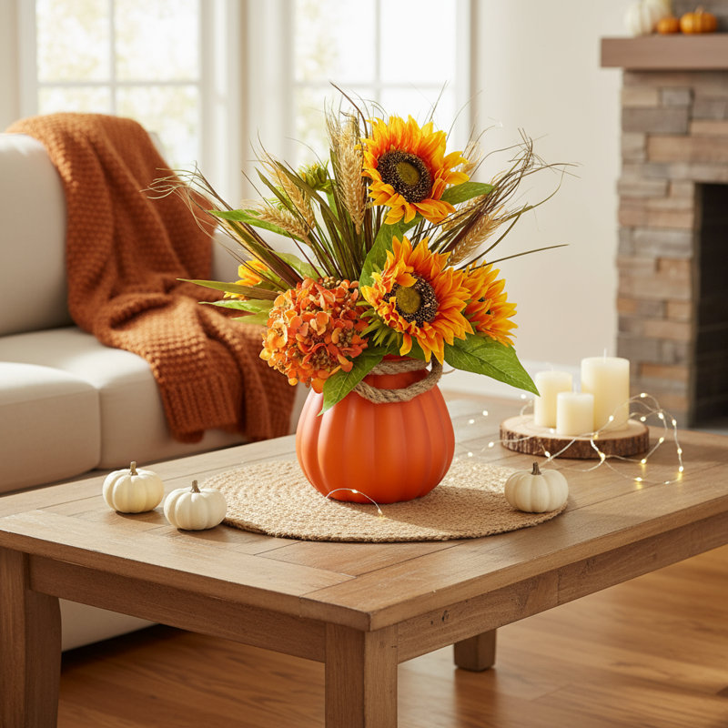 Fall Centerpiece with Sunflowers and Hydrangeas
