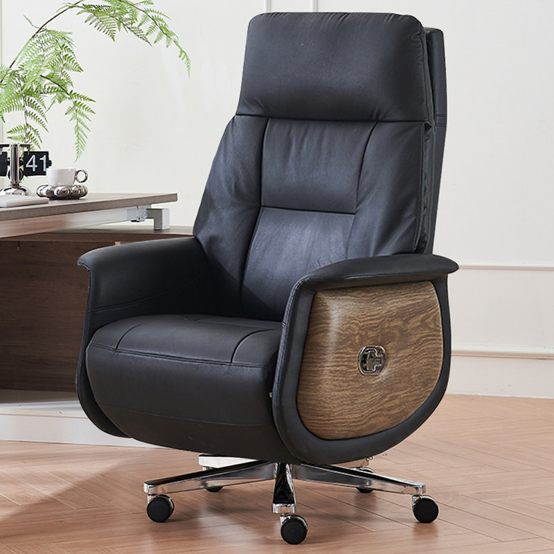 Silver Hight adjustable Genuine Leather + Faux Leather + Steel Office Chair, Black