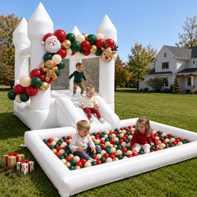 White Bounce House with Slide, Ball Pit & Air Blower for Kids Indoor & Outdoor Summer Party Play